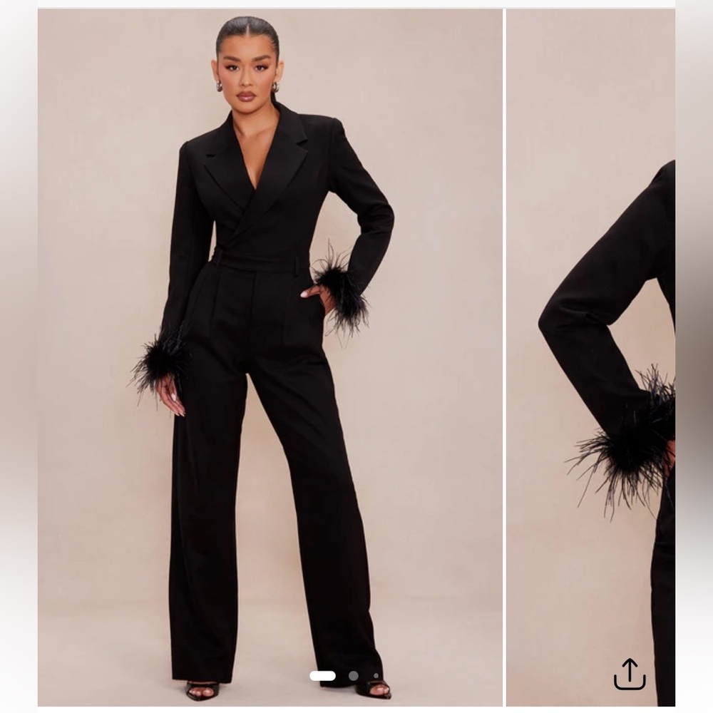 Chic Black Jumpsuit with Feather Accents
